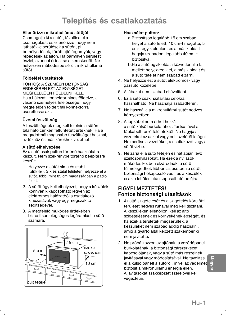 Telepítés és csatlakoztatás, Hu-1, Figyelmeztetés! fontos biztonsági utasítások | Panasonic NNSD279SEPG User Manual | Page 199 / 213