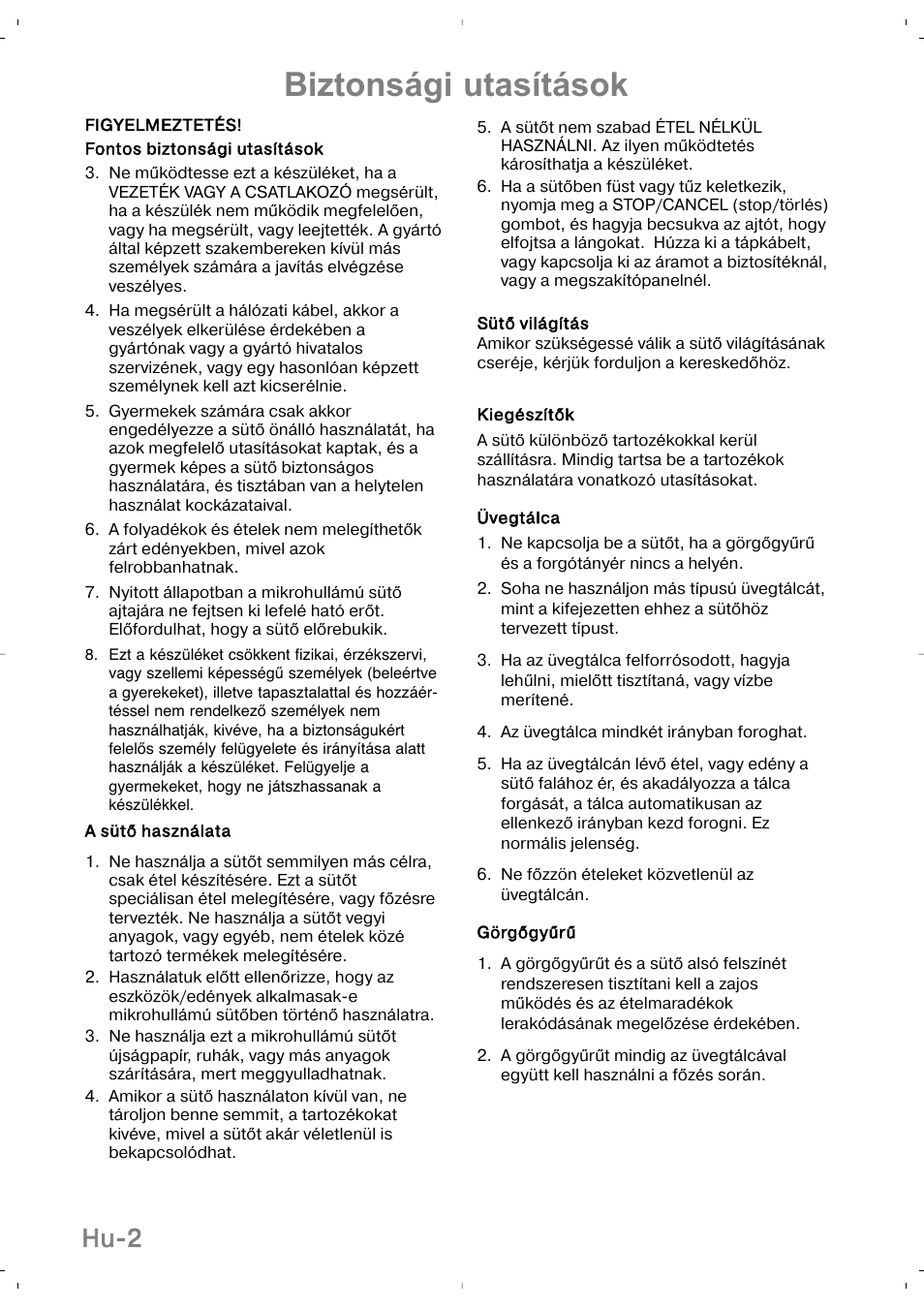 Biztonsági utasítások, Hu-2 | Panasonic NNSD279SEPG User Manual | Page 200 / 213