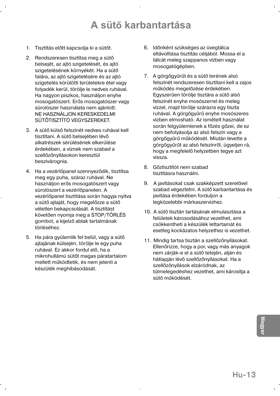 A süt, Karbantartása, Hu-13 | Panasonic NNSD279SEPG User Manual | Page 211 / 213