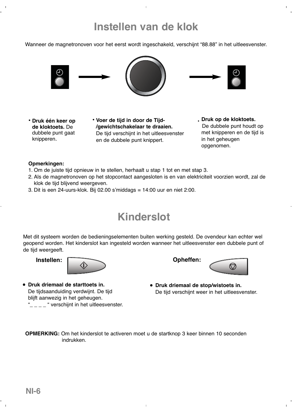 Instellen van de klok, Kinderslot, Ni-6 | Panasonic NNSD279SEPG User Manual | Page 22 / 213