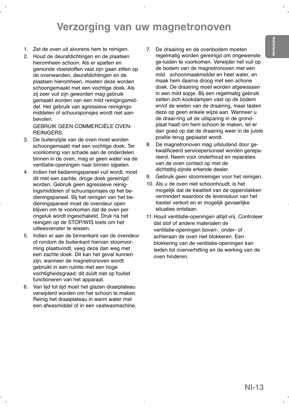 Verzorging van uw magnetronoven, Ni-13 | Panasonic NNSD279SEPG User Manual | Page 29 / 213