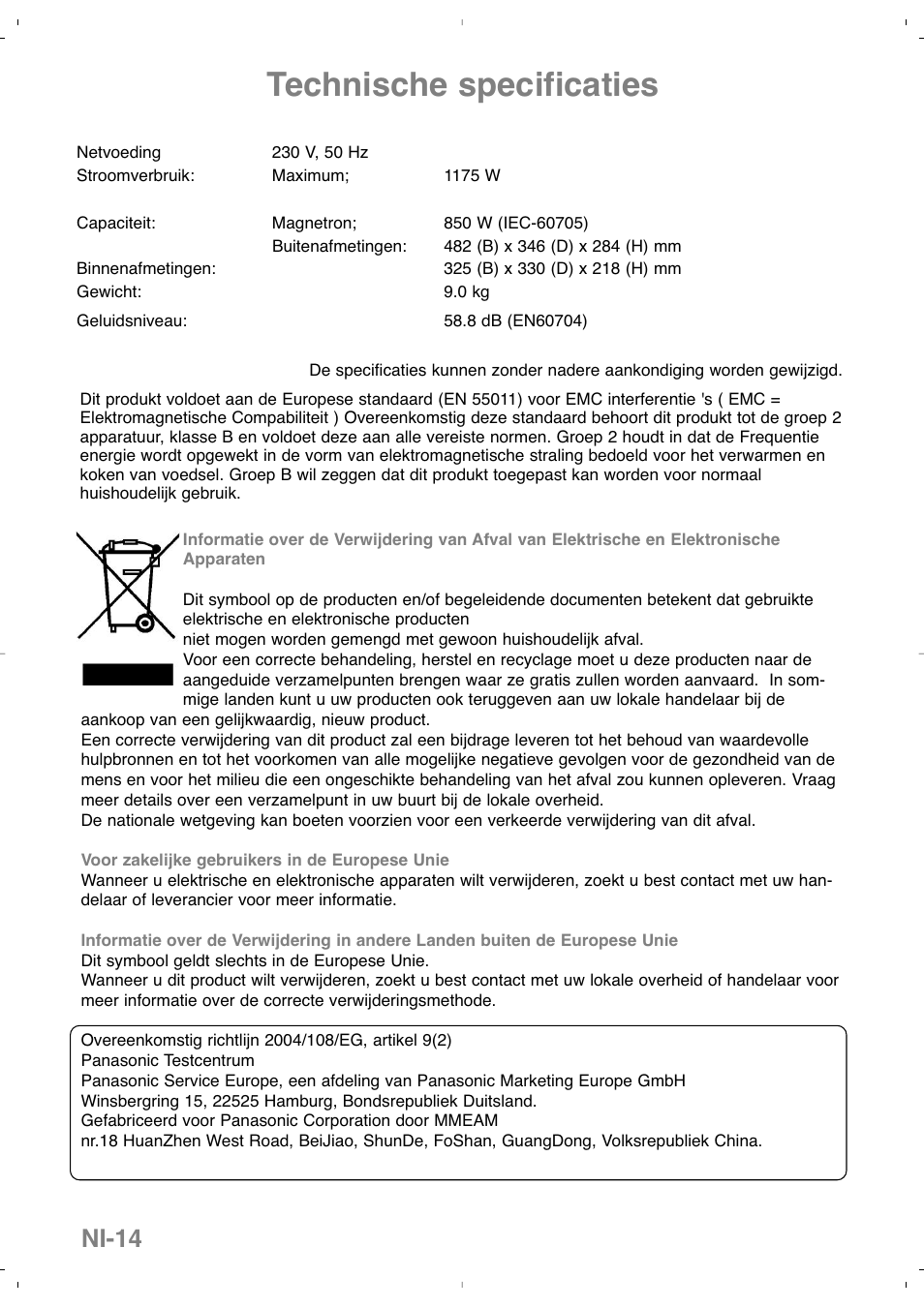 Technische specificaties, Ni-14 | Panasonic NNSD279SEPG User Manual | Page 30 / 213