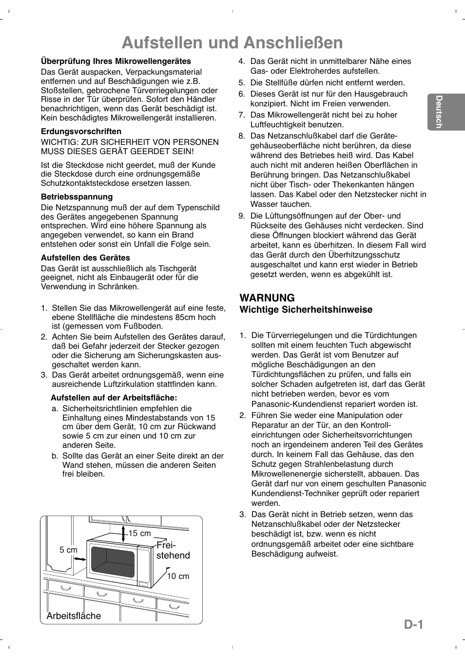 Aufstellen und anschließen, Warnung | Panasonic NNSD279SEPG User Manual | Page 31 / 213