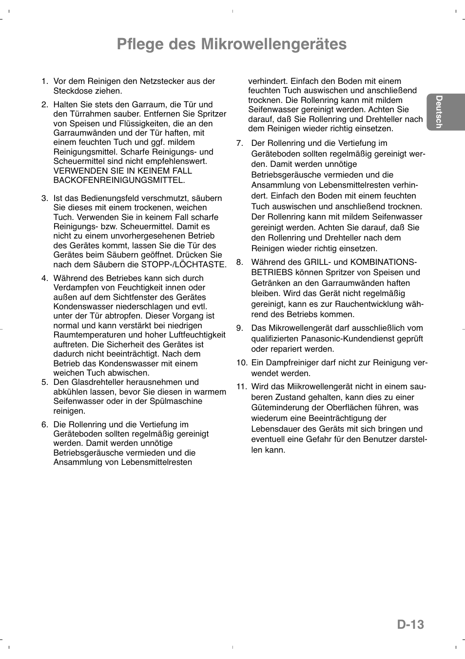 Pflege des mikrowellengerätes, D-13 | Panasonic NNSD279SEPG User Manual | Page 43 / 213