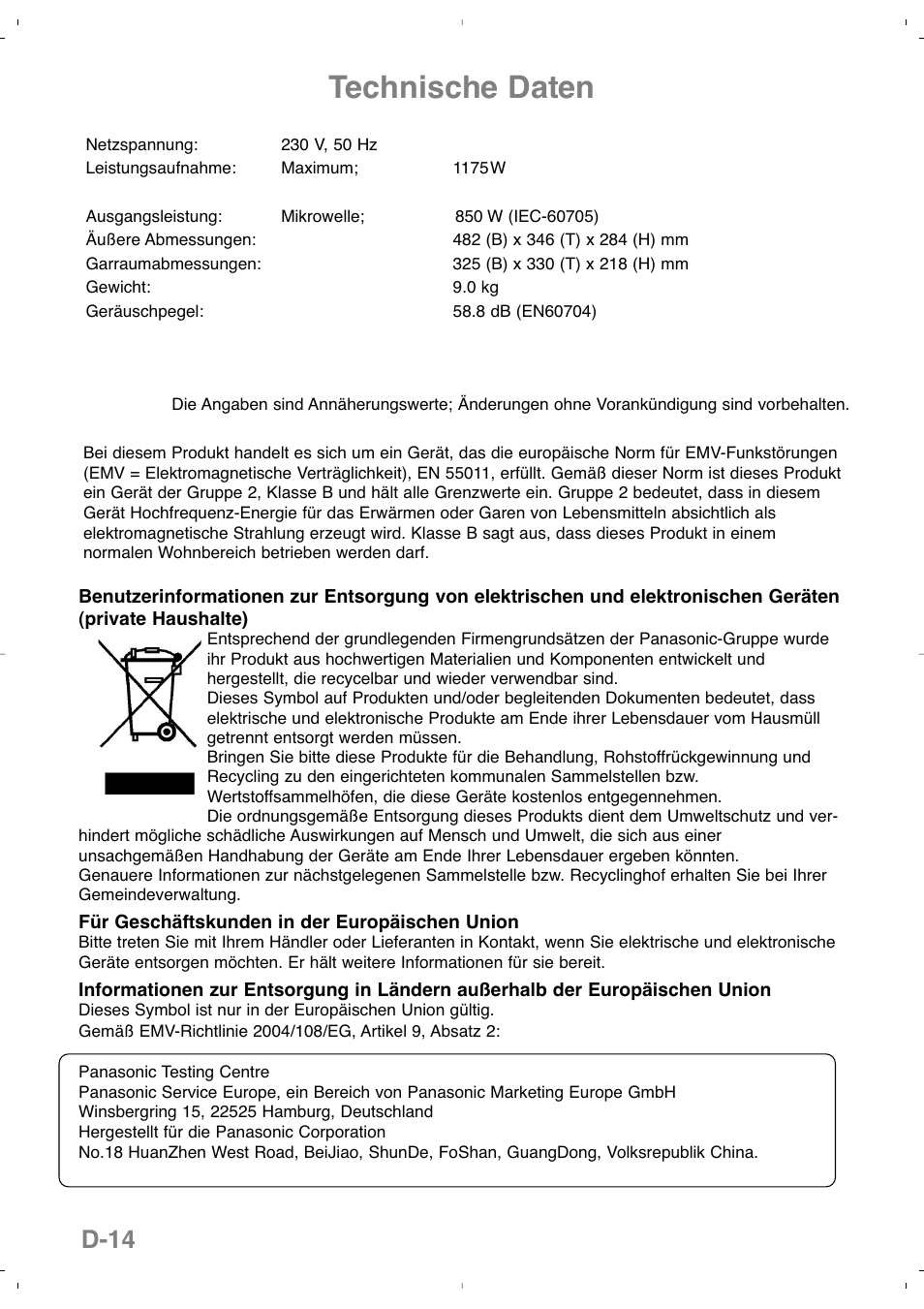 Technische daten, D-14 | Panasonic NNSD279SEPG User Manual | Page 44 / 213