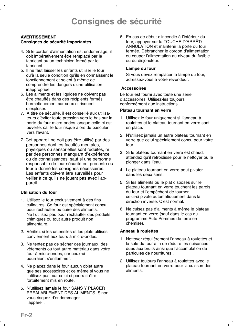 Consignes de sécurité, Fr-2 | Panasonic NNSD279SEPG User Manual | Page 46 / 213