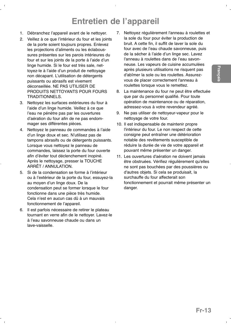 Entretien de lʼappareil, Fr-13 | Panasonic NNSD279SEPG User Manual | Page 57 / 213