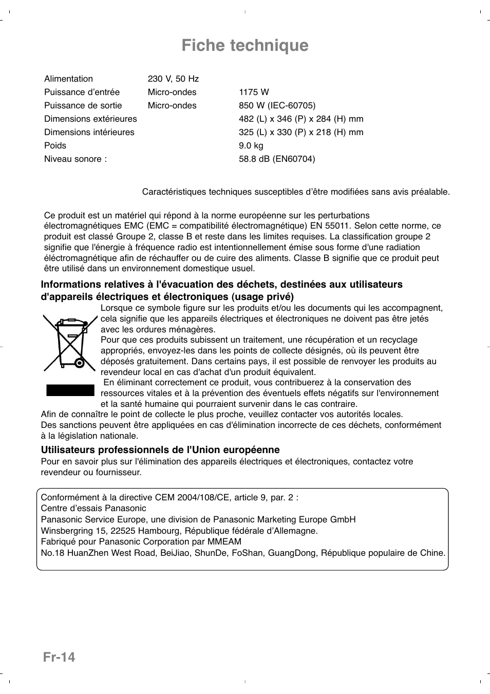 Fiche technique, Fr-14 | Panasonic NNSD279SEPG User Manual | Page 58 / 213