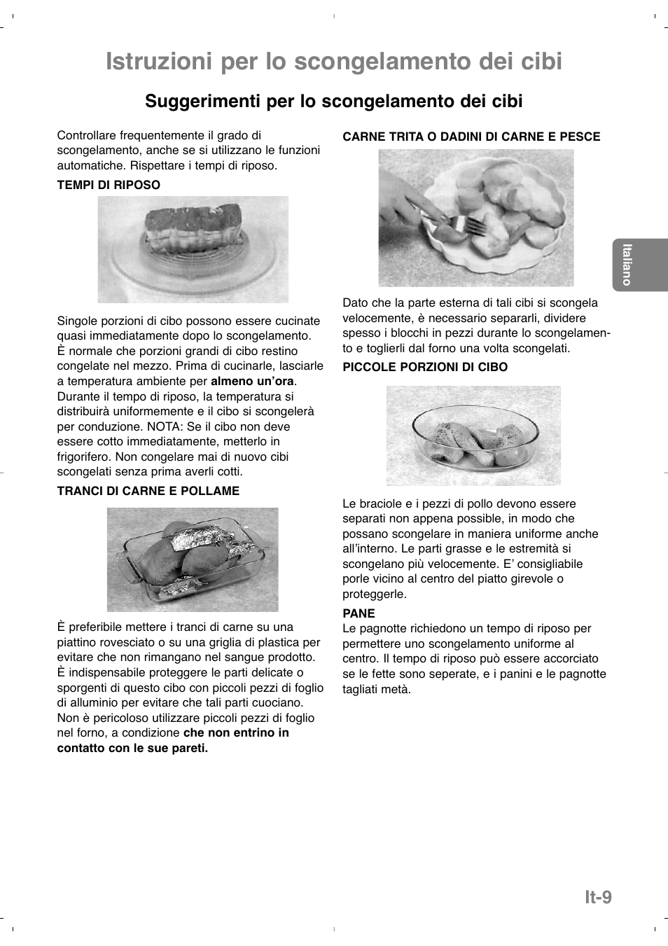 Istruzioni per lo scongelamento dei cibi, It-9, Suggerimenti per lo scongelamento dei cibi | Panasonic NNSD279SEPG User Manual | Page 67 / 213