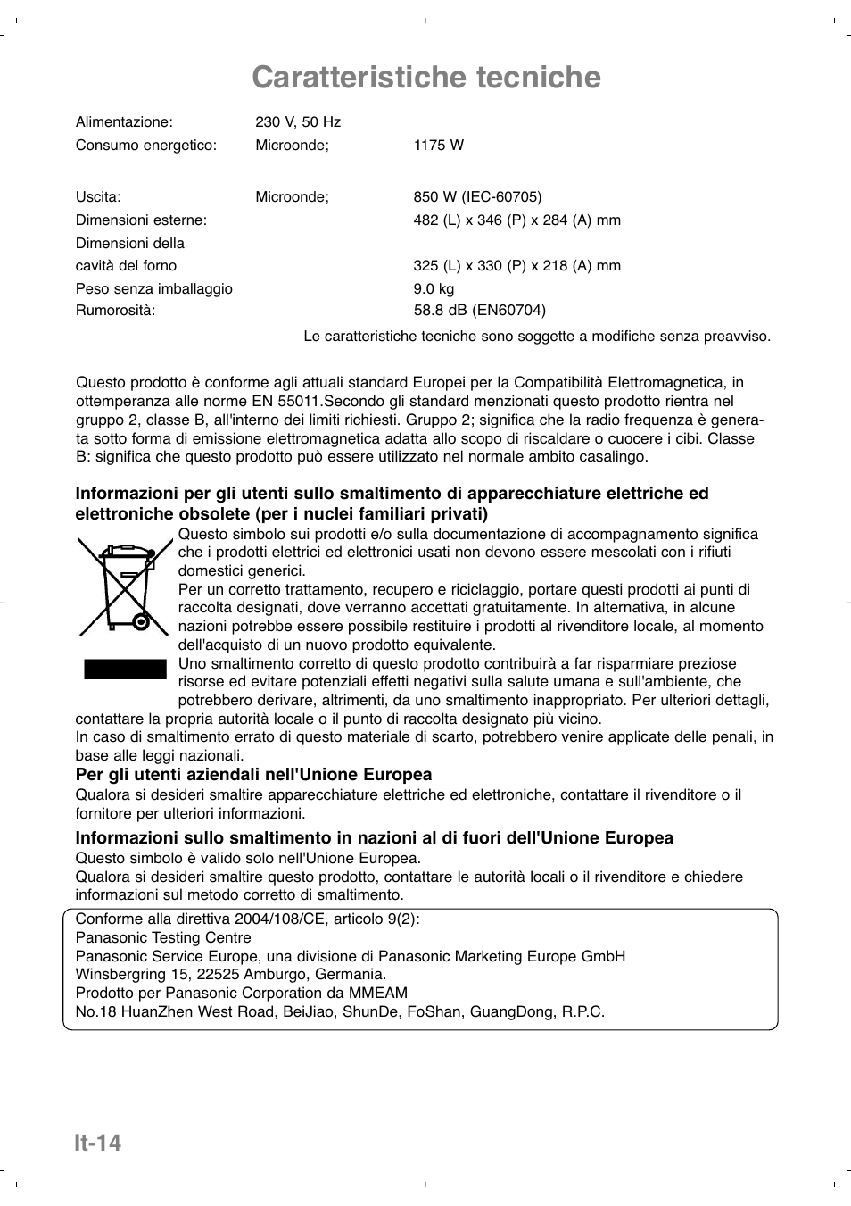 Caratteristiche tecniche, It-14 | Panasonic NNSD279SEPG User Manual | Page 72 / 213