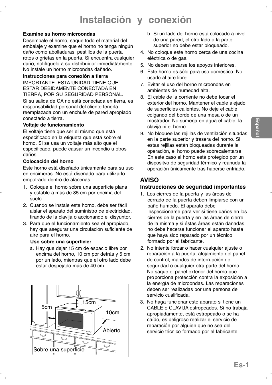Instalación y conexión, Es-1 | Panasonic NNSD279SEPG User Manual | Page 73 / 213