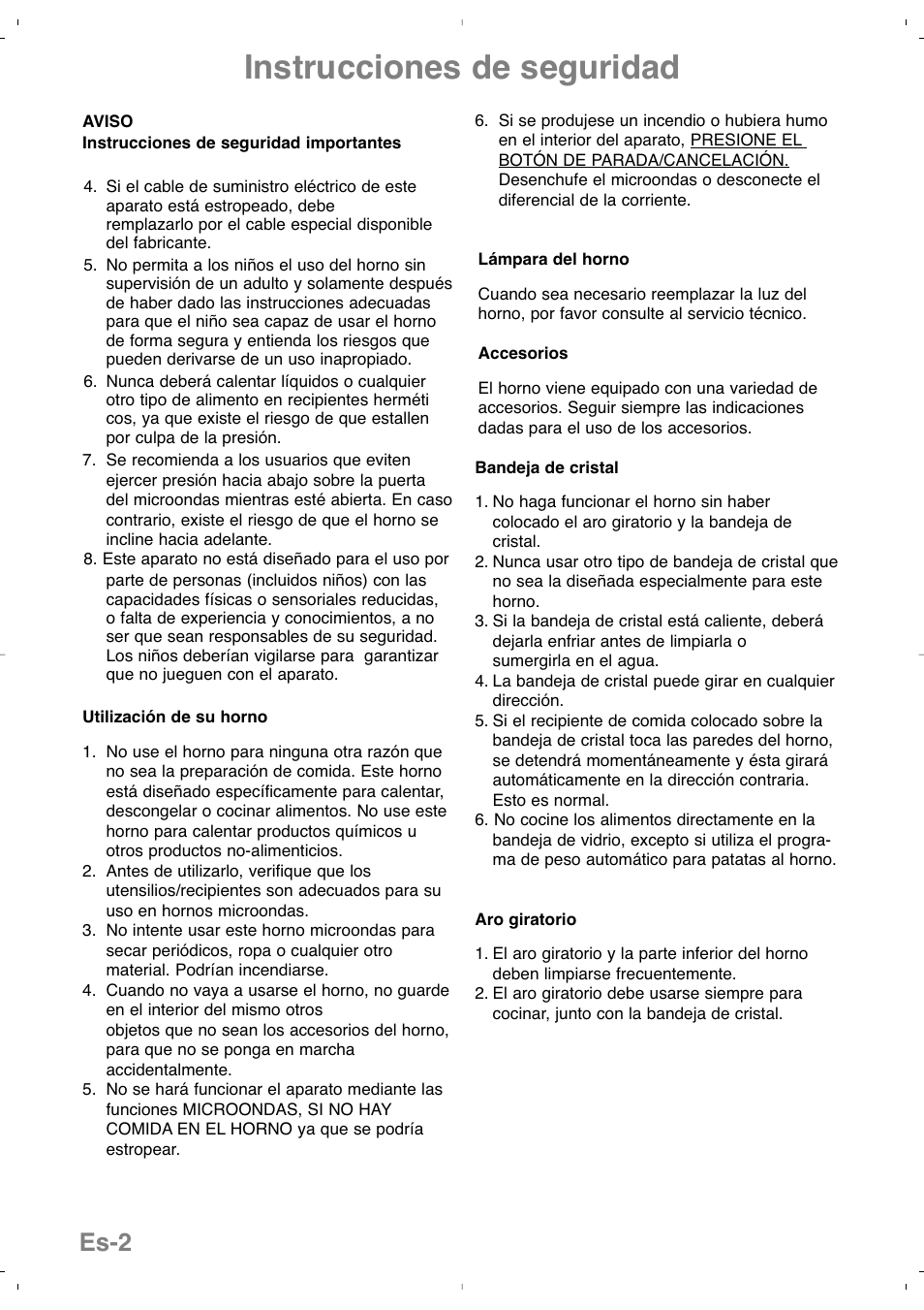 Instrucciones de seguridad, Es-2 | Panasonic NNSD279SEPG User Manual | Page 74 / 213