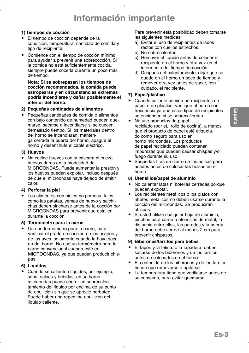 Información importante, Es-3 | Panasonic NNSD279SEPG User Manual | Page 75 / 213