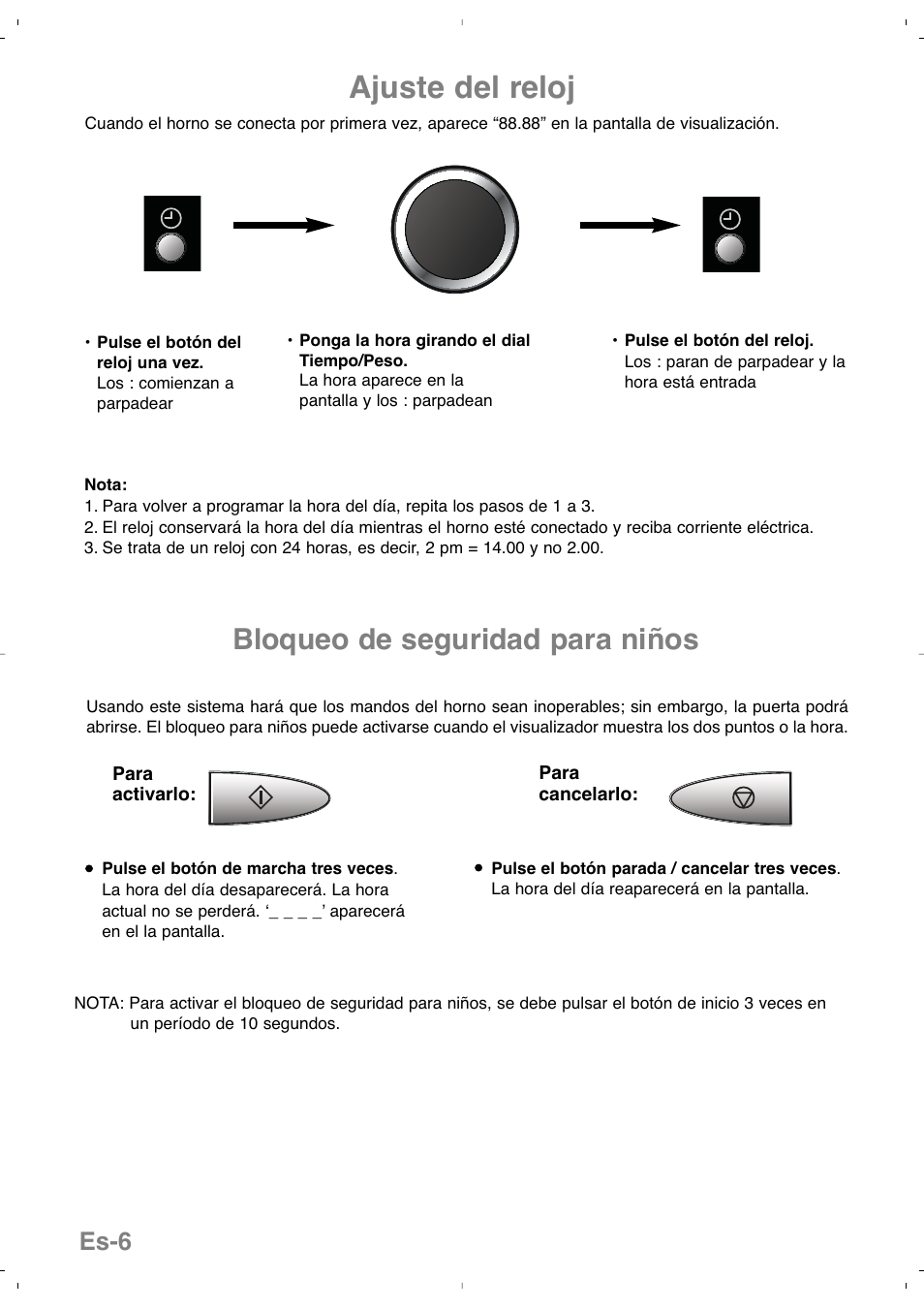 Ajuste del reloj, Bloqueo de seguridad para niños, Es-6 | Panasonic NNSD279SEPG User Manual | Page 78 / 213