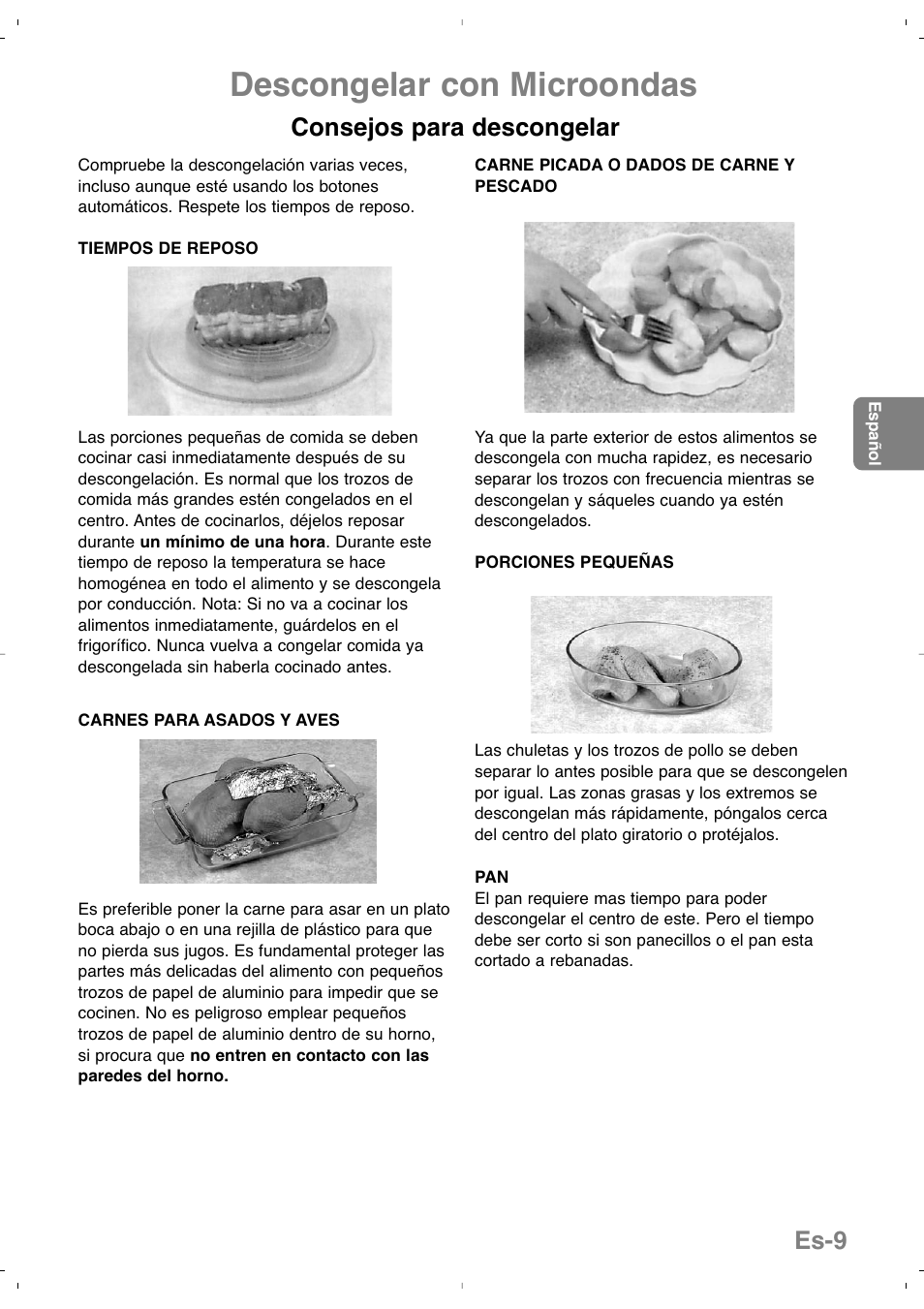 Descongelar con microondas, Es-9, Consejos para descongelar | Panasonic NNSD279SEPG User Manual | Page 81 / 213
