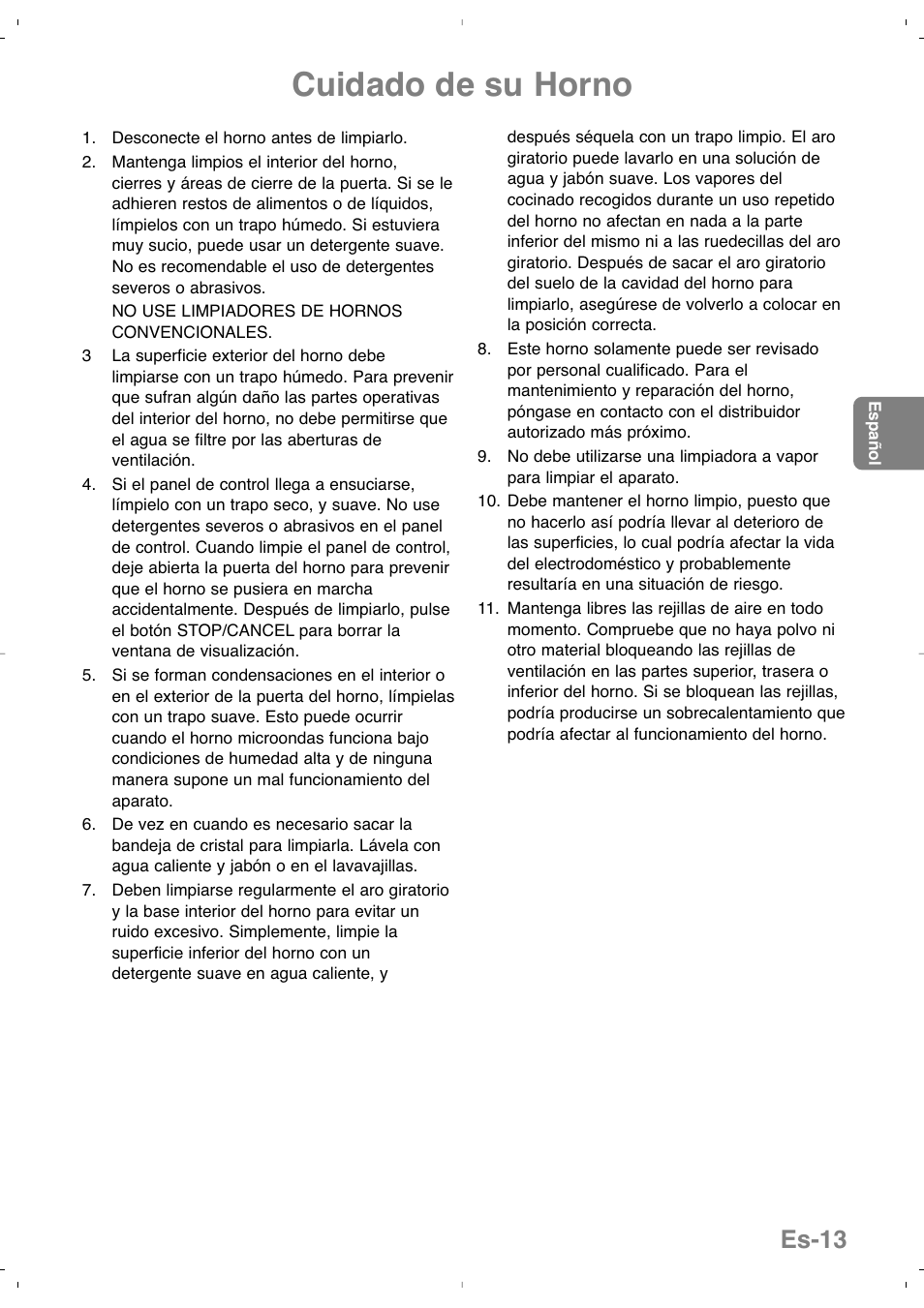 Cuidado de su horno, Es-13 | Panasonic NNSD279SEPG User Manual | Page 85 / 213