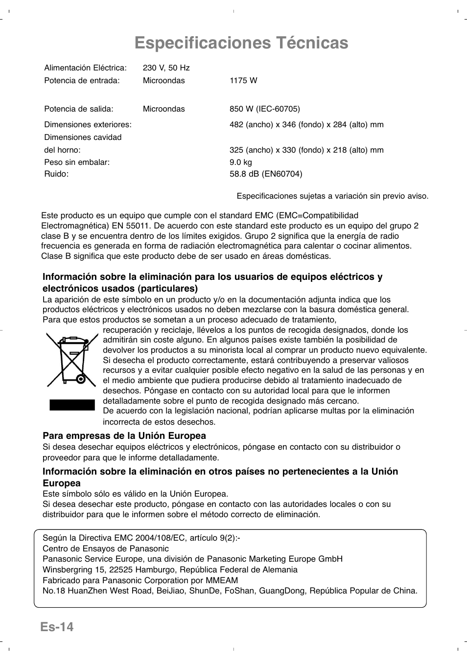 Especificaciones técnicas, Es-14 | Panasonic NNSD279SEPG User Manual | Page 86 / 213