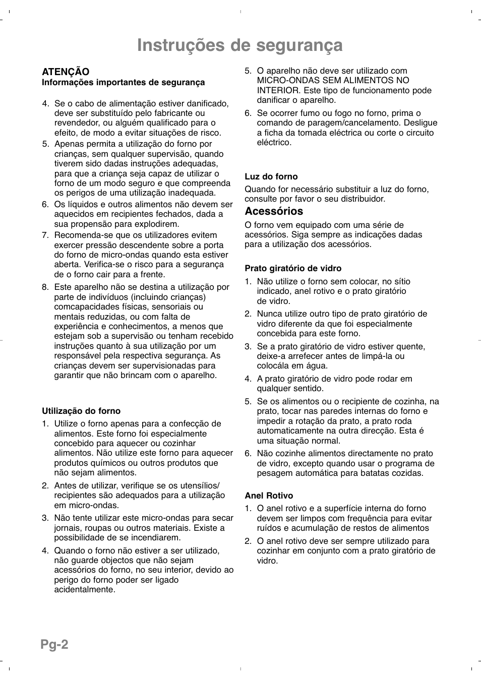 Instruções de segurança, Pg-2 | Panasonic NNSD279SEPG User Manual | Page 88 / 213