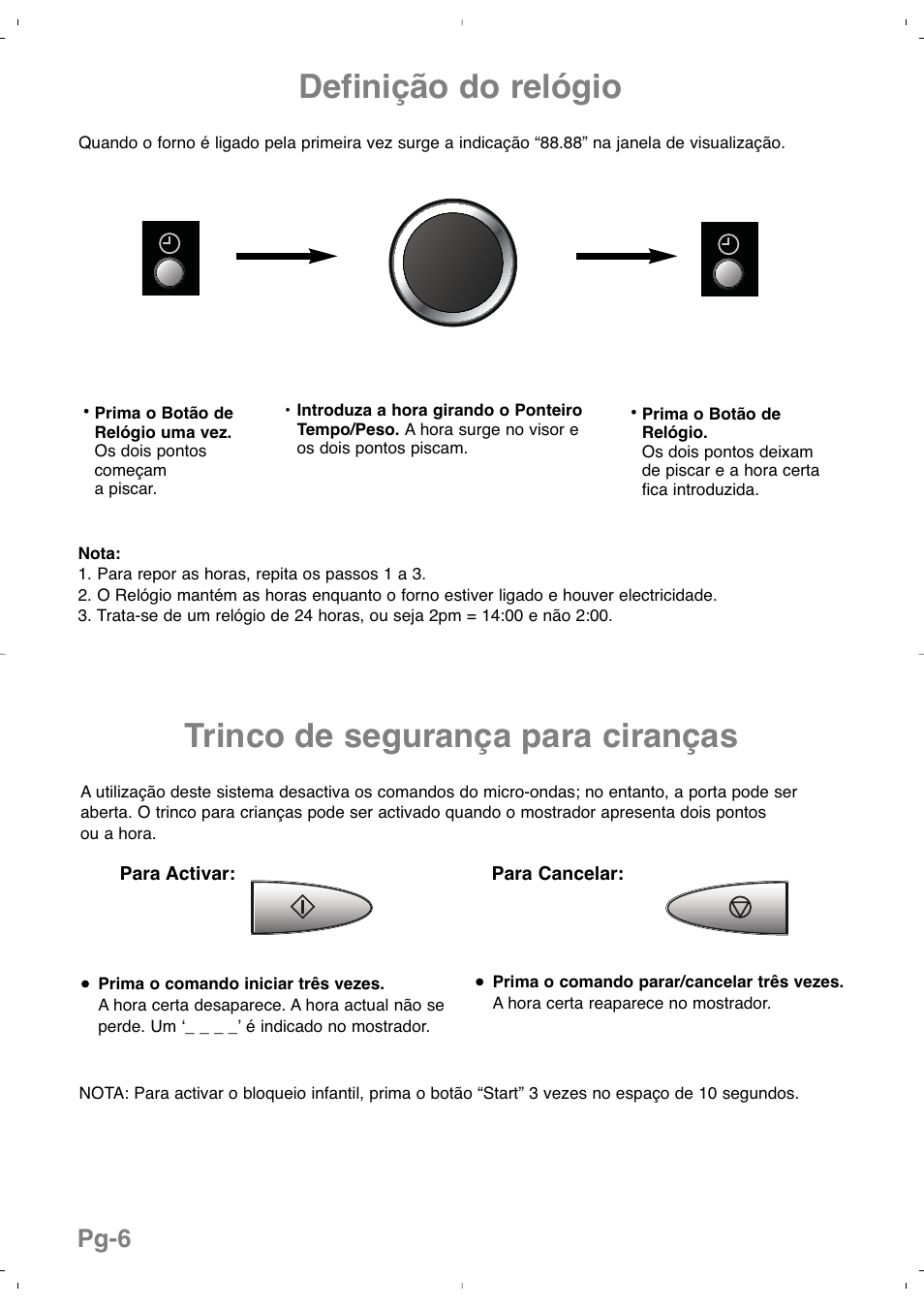 Definição do relógio, Trinco de segurança para ciranças, Pg-6 | Panasonic NNSD279SEPG User Manual | Page 92 / 213