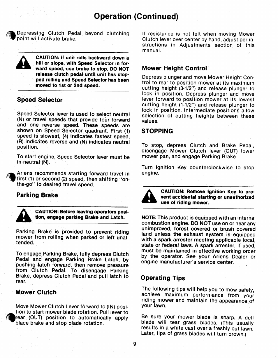 Speed selector, Parking brake, Mower clutch | Mower height control, Stopping, Operating tips, Operation (continued) | Ariens 912 User Manual | Page 11 / 23