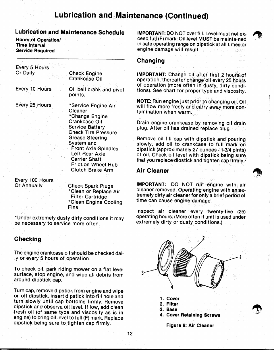 Lubrication and maintenance schedule, Changing, Air cleaner | Checking, Lubrication and maintenance (continued) | Ariens 912 User Manual | Page 14 / 23