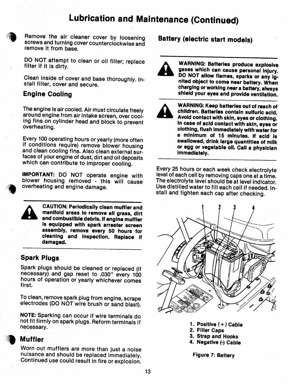 Engine cooling, Battery (electric start models), Spark plugs | Muffler, Lubrication and maintenance (continued) | Ariens 912 User Manual | Page 15 / 23