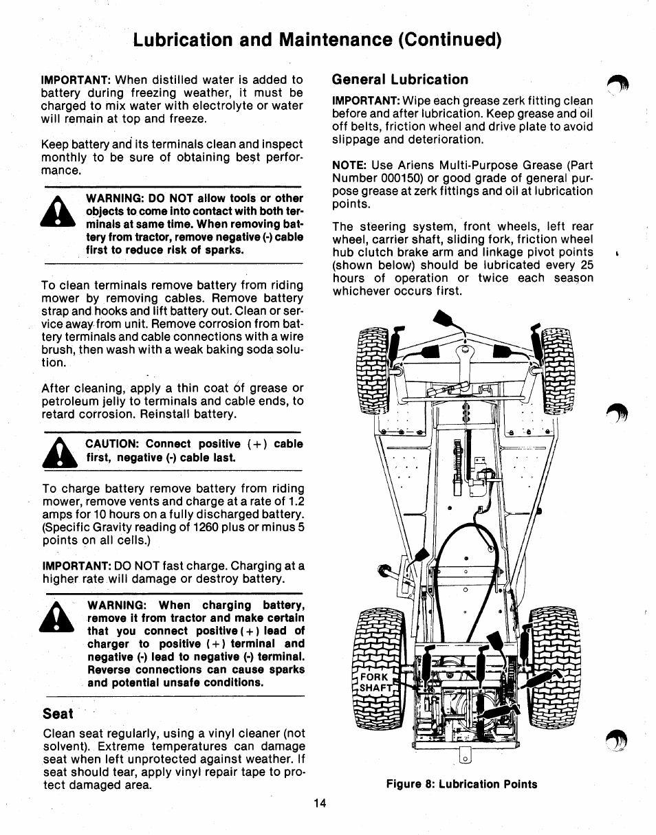 Seat, General lubrication, Lubrication and maintenance (continued) | Ariens 912 User Manual | Page 16 / 23