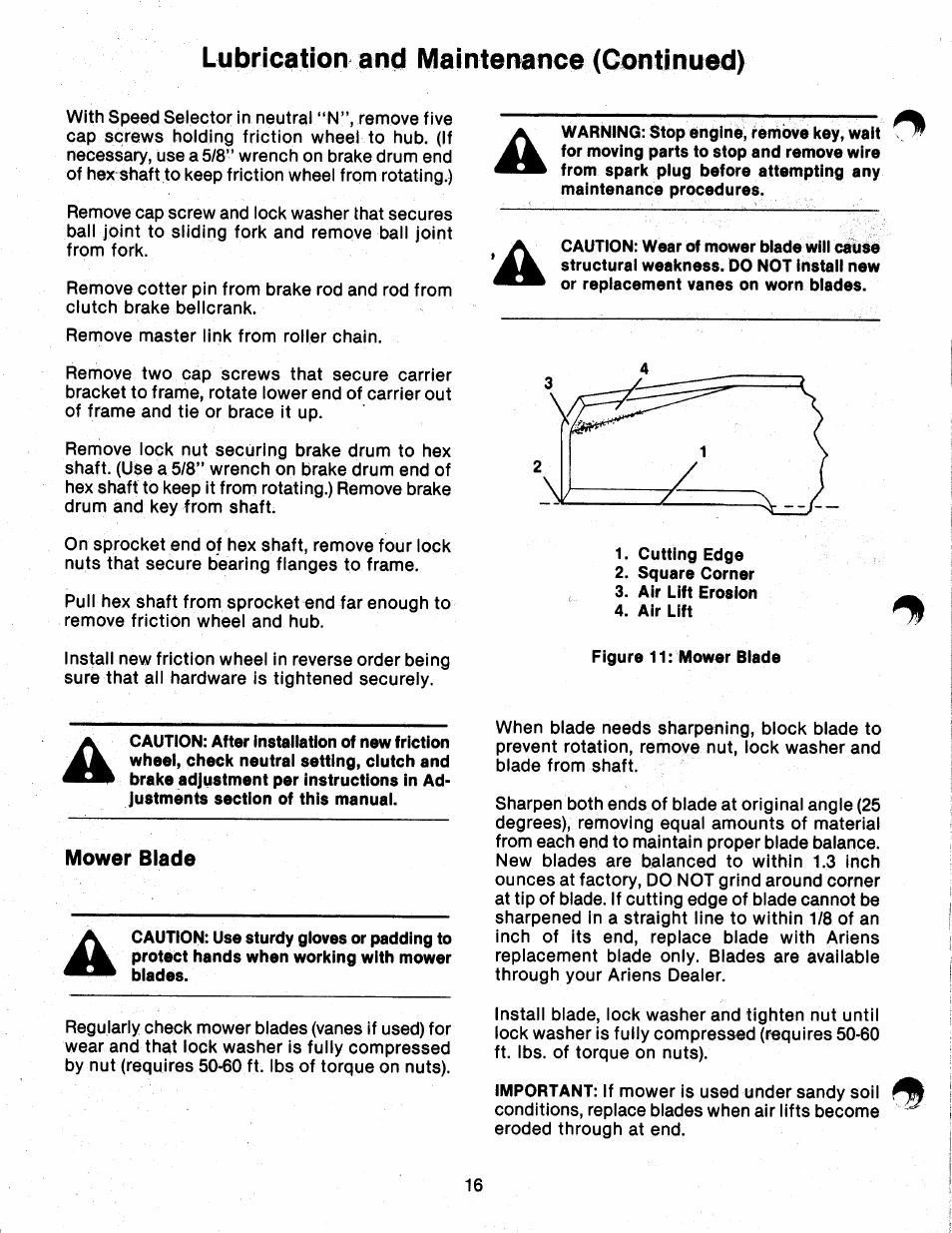 Mower blade, Lubrication and maintenance (continued) | Ariens 912 User Manual | Page 18 / 23