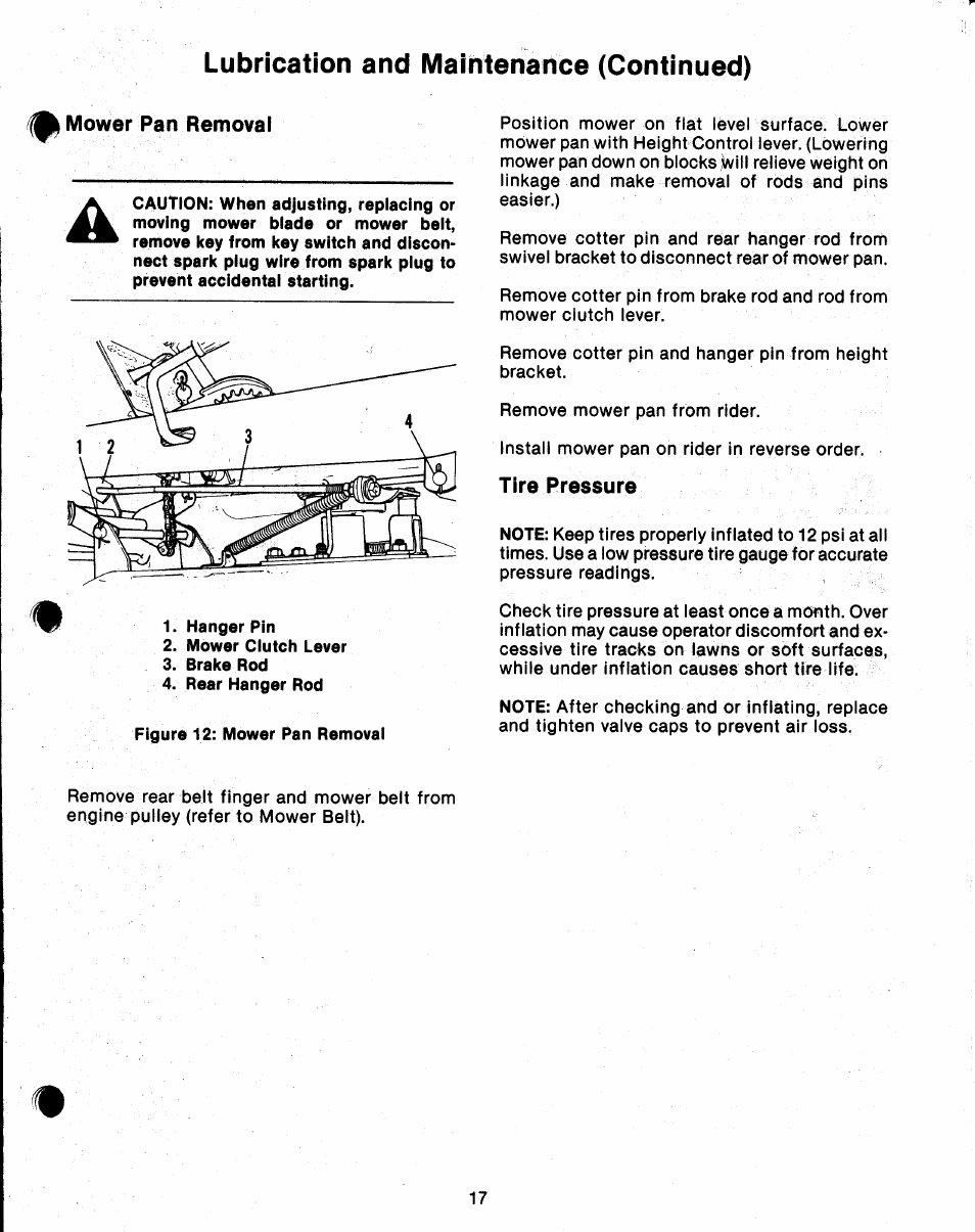 Tire pressure, Lubrication and maintenance (continued), Mower pan removal | Ariens 912 User Manual | Page 19 / 23