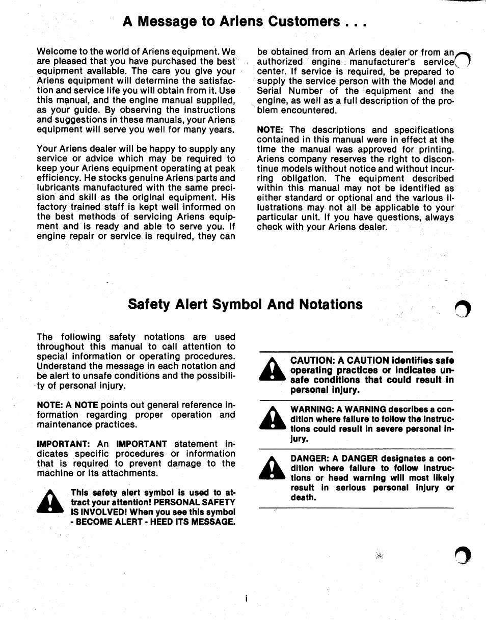 A message to ariens customers, Safety alert symbol and notations | Ariens 912 User Manual | Page 2 / 23