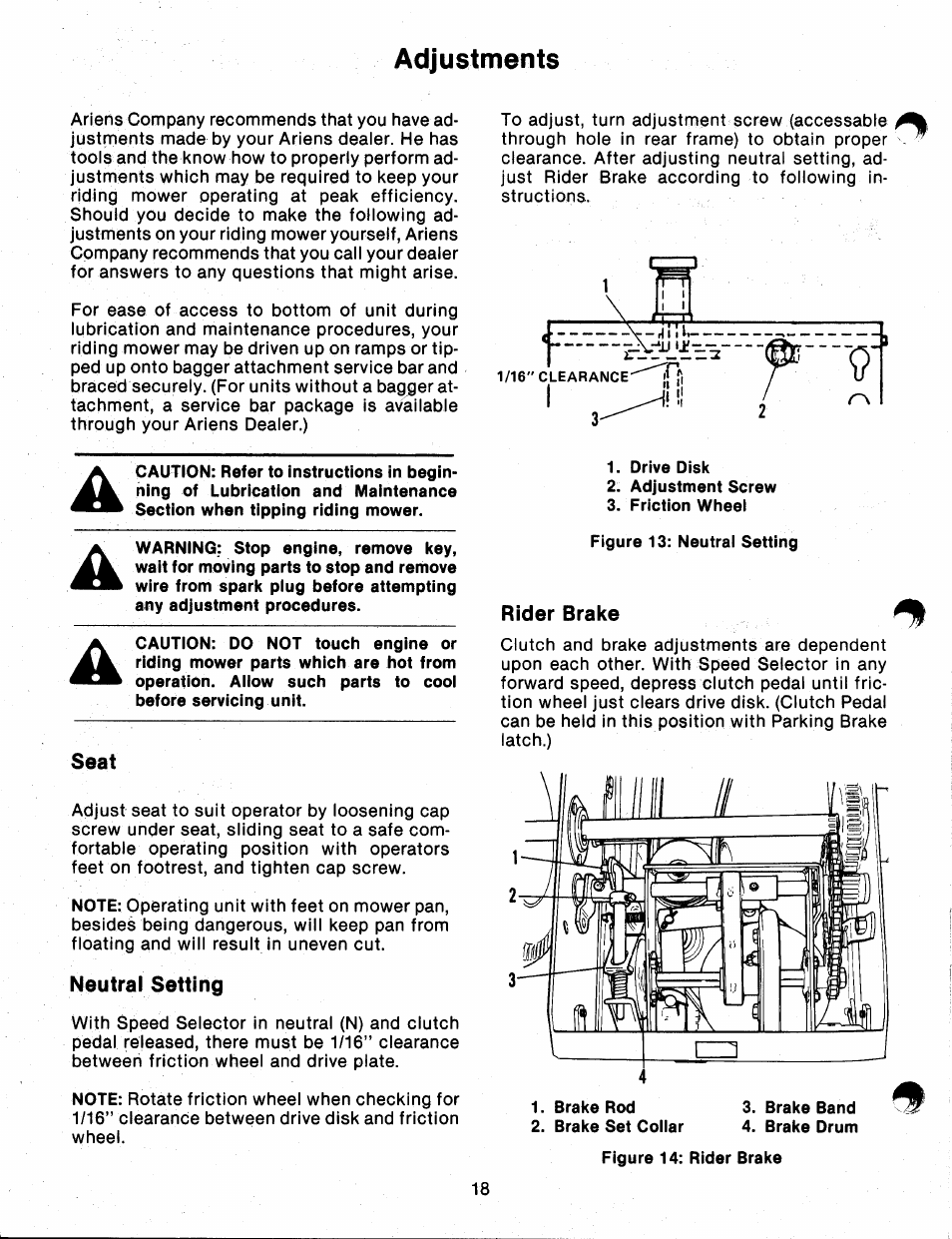 Adjustments, Seat, Neutral setting | Rider brake | Ariens 912 User Manual | Page 20 / 23