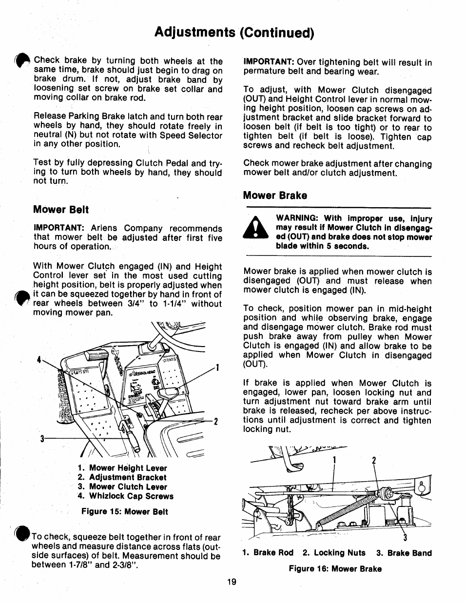 Mower belt, Mower brake, Adjustments (continued) | Ariens 912 User Manual | Page 21 / 23