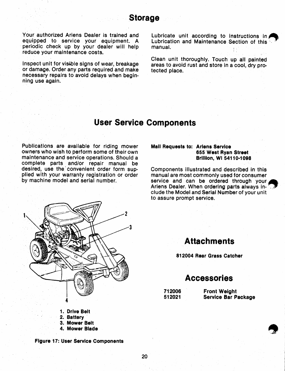 Storage, User service components, Attachments | Accessories, Storage user service components | Ariens 912 User Manual | Page 22 / 23
