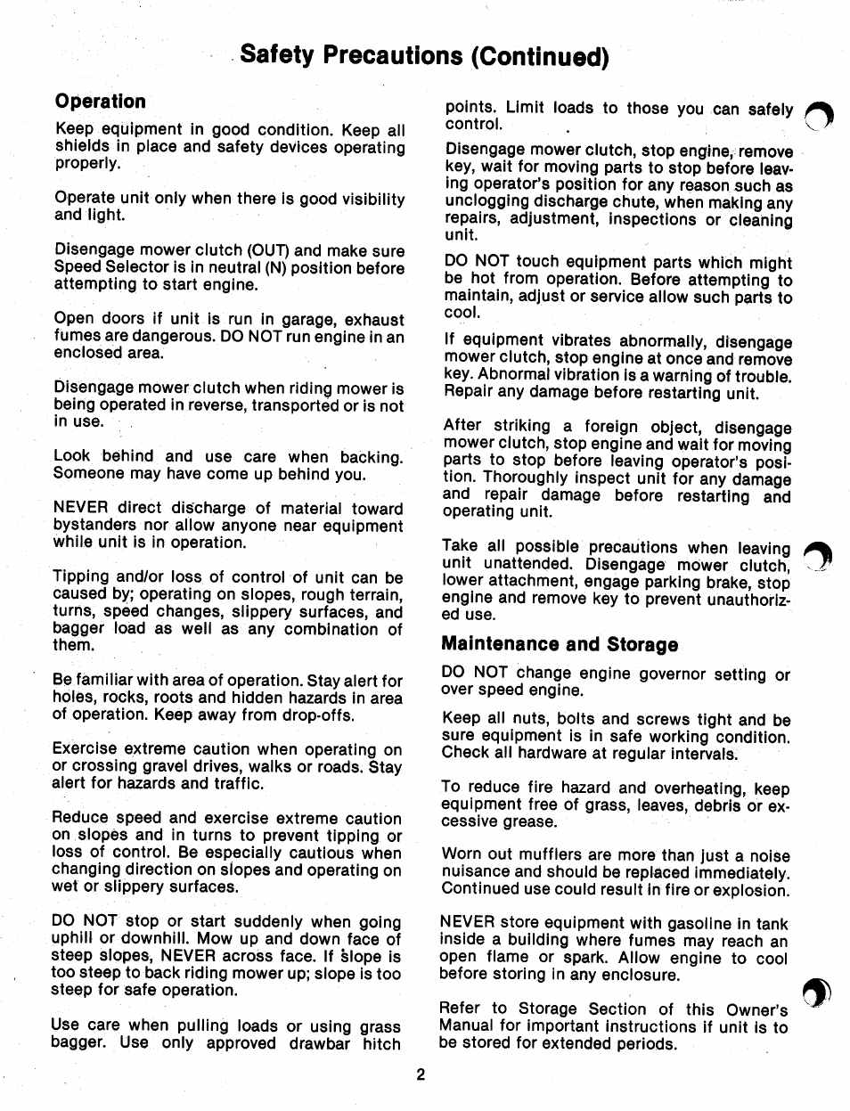 Safety precautions (continued), Operation, Maintenance and storage | Ariens 912 User Manual | Page 4 / 23