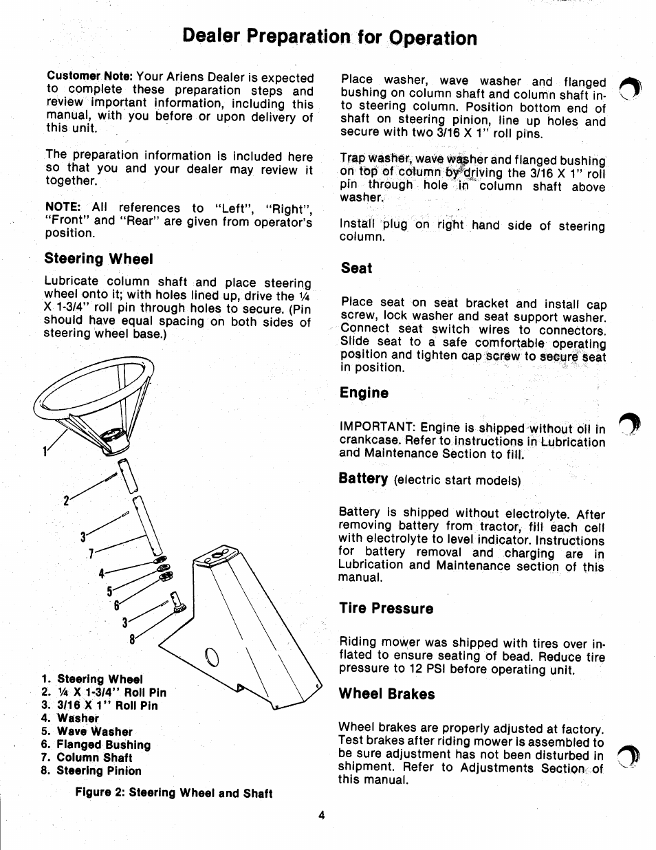 Dealer preparation for operation, Steering wheel, Seat | Engine, Tire pressure, Wheel brakes | Ariens 912 User Manual | Page 6 / 23