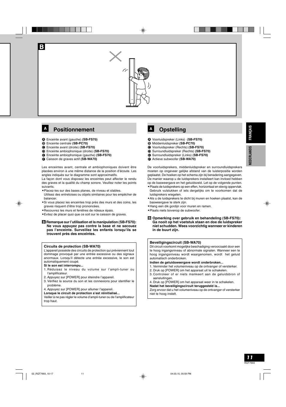 Positionnement, Opstelling | Panasonic SBTP70 User Manual | Page 11 / 48
