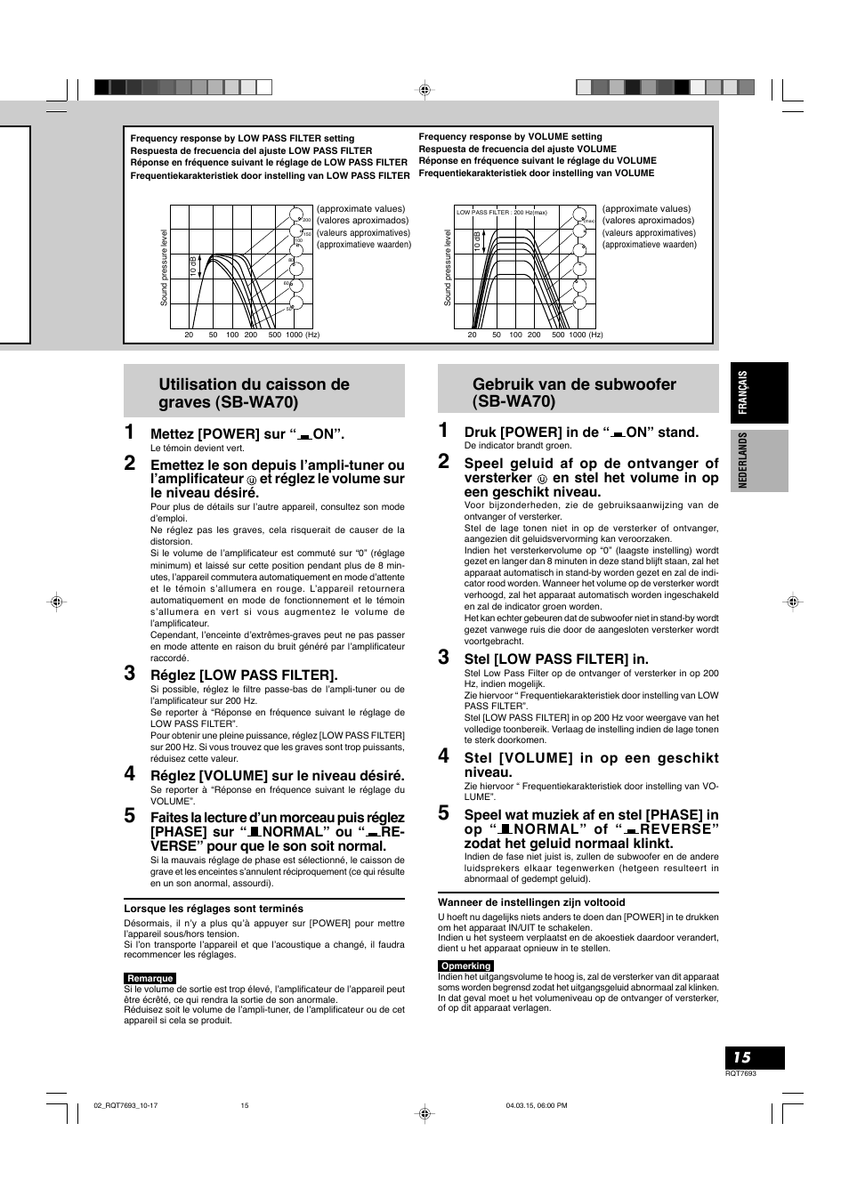 Utilisation du caisson de graves (sb-wa70), Gebruik van de subwoofer (sb-wa70) | Panasonic SBTP70 User Manual | Page 15 / 48