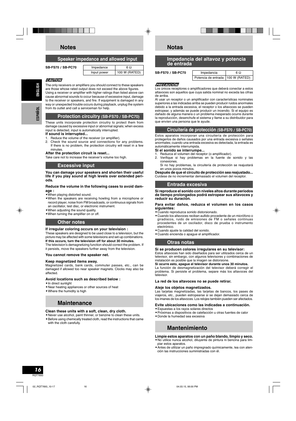 Maintenance, Notas, Mantenimiento | Speaker impedance and allowed input, Protection circuitry, Excessive input, Impedancia del altavoz y potencia de entrada, Circuitería de protección, Entrada excesiva, Otras notas | Panasonic SBTP70 User Manual | Page 16 / 48