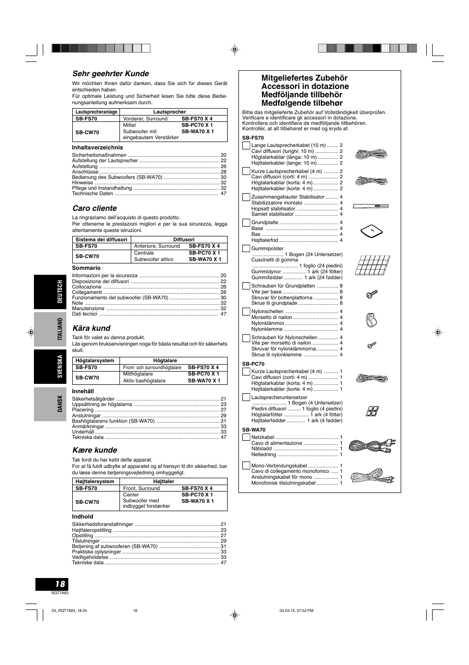 Sehr geehrter kunde, Caro cliente, Kære kunde | Kära kund | Panasonic SBTP70 User Manual | Page 18 / 48