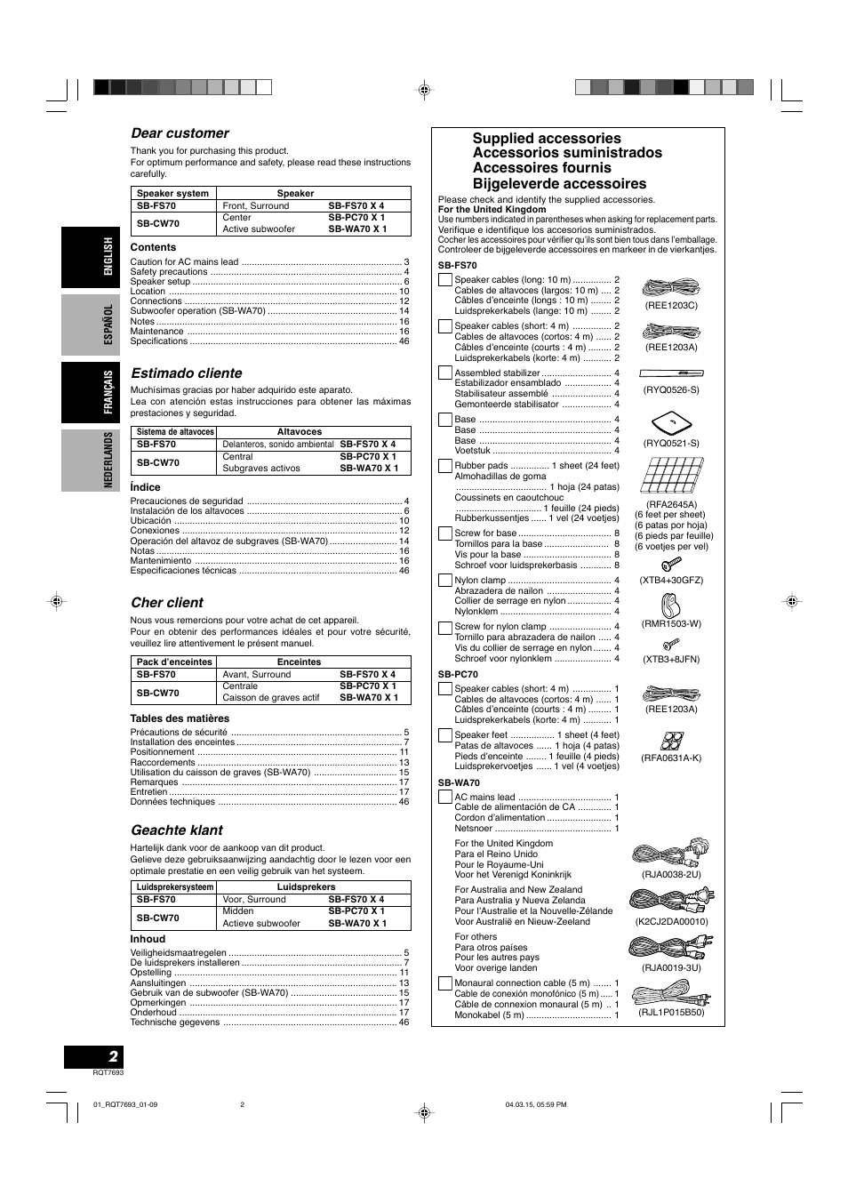 Dear customer, Cher client, Estimado cliente | Geachte klant | Panasonic SBTP70 User Manual | Page 2 / 48