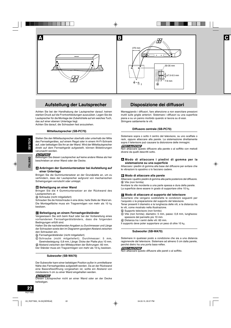 Aufstellung der lautsprecher, Disposizione dei diffusori | Panasonic SBTP70 User Manual | Page 22 / 48