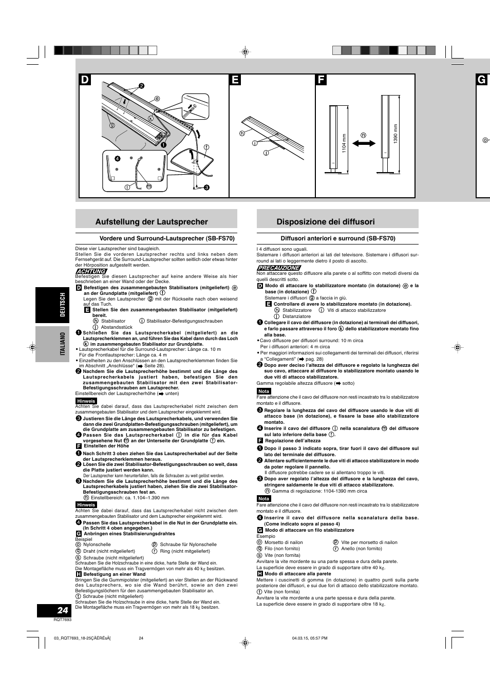 Aufstellung der lautsprecher, Disposizione dei diffusori | Panasonic SBTP70 User Manual | Page 24 / 48
