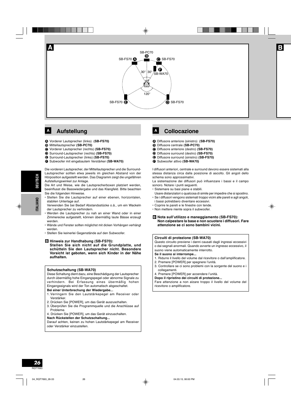 Aufstellung, Collocazione | Panasonic SBTP70 User Manual | Page 26 / 48