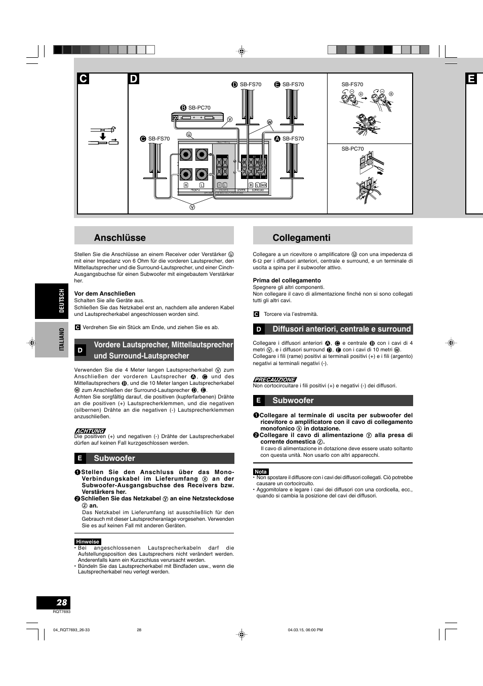 Anschlüsse, Collegamenti, Subwoofer | Subwoofer diffusori anteriori, centrale e surround | Panasonic SBTP70 User Manual | Page 28 / 48