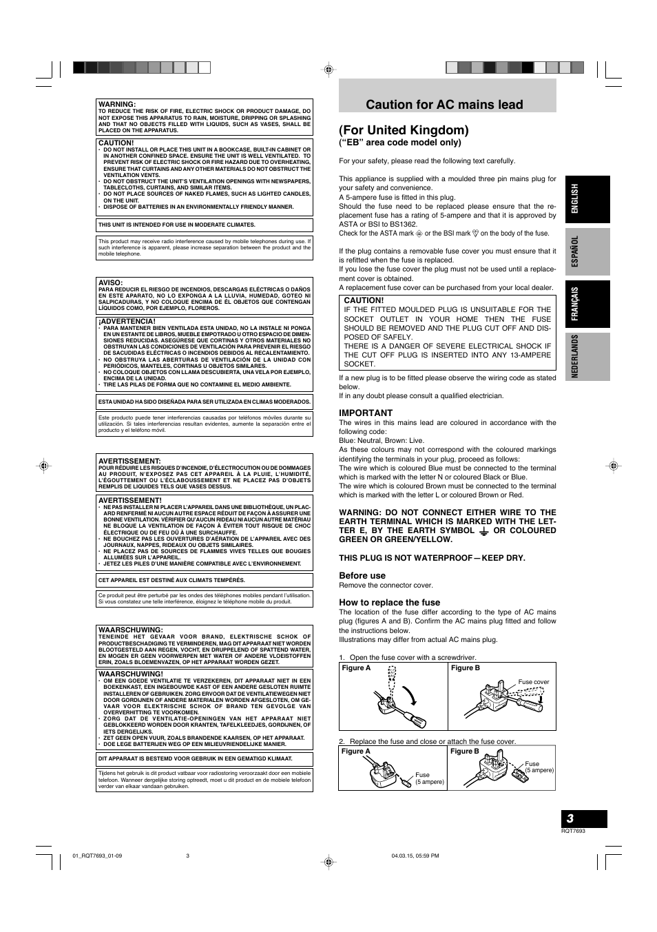 Caution for ac mains lead (for united kingdom), Eb” area code model only), Important | Before use, How to replace the fuse | Panasonic SBTP70 User Manual | Page 3 / 48