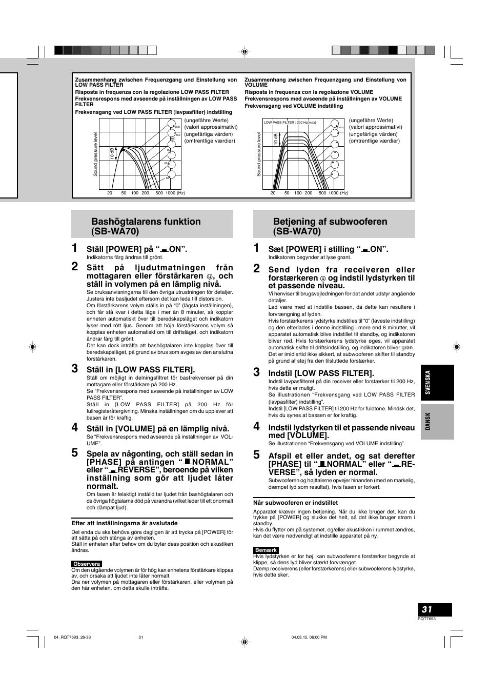 Betjening af subwooferen (sb-wa70), Bashögtalarens funktion (sb-wa70) | Panasonic SBTP70 User Manual | Page 31 / 48