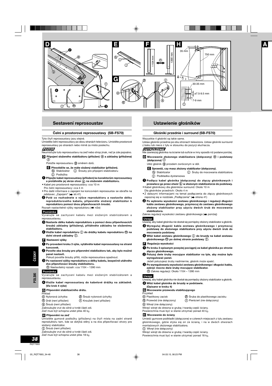 Ustawienie głośników, Sestavení reprosoustav | Panasonic SBTP70 User Manual | Page 38 / 48