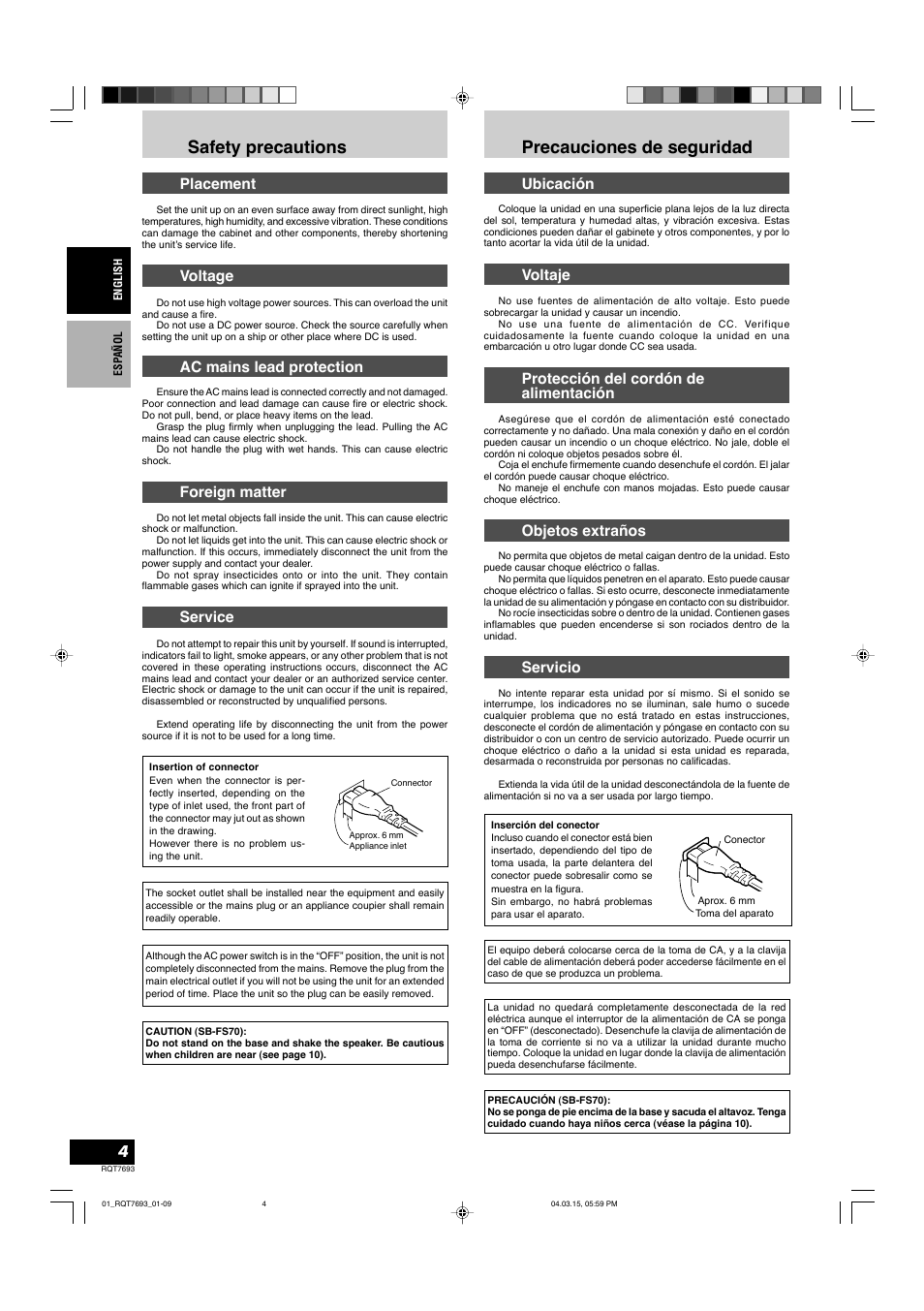 Safety precautions, Precauciones de seguridad, Placement | Voltage, Ac mains lead protection, Foreign matter, Service, Ubicación, Voltaje, Protección del cordón de alimentación | Panasonic SBTP70 User Manual | Page 4 / 48