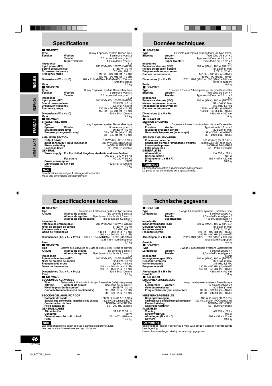 Specifications, Données techniques, Especificaciones técnicas | Technische gegevens | Panasonic SBTP70 User Manual | Page 46 / 48