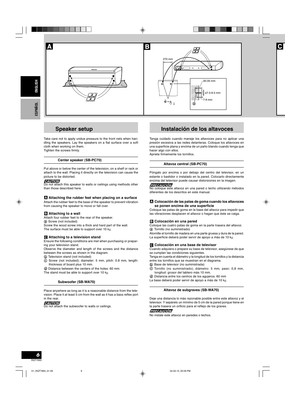 Speaker setup, Instalación de los altavoces | Panasonic SBTP70 User Manual | Page 6 / 48